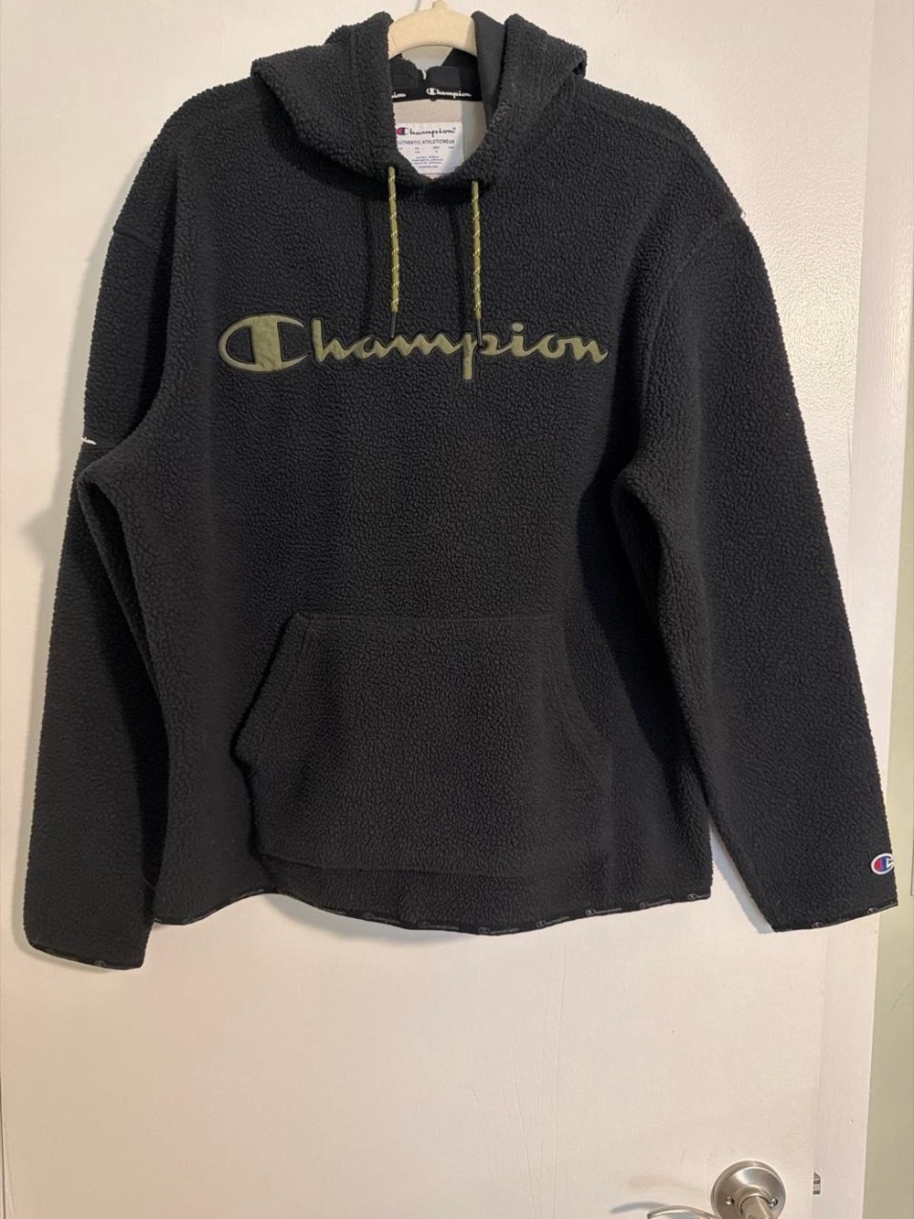Champion Black Sherpa Hoodie with Olive Logo